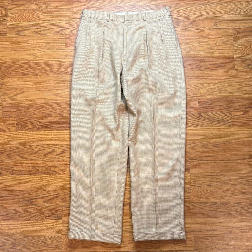 Vtg Polo Ralph Lauren Pleated Trouser Men 34x31 Tan Purple Plaid Wool Dress Pant